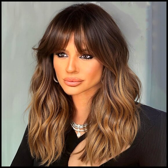 Synthetic Wavy Wig with Bangs Shoulder Length Modern Party Daily Use main image 6